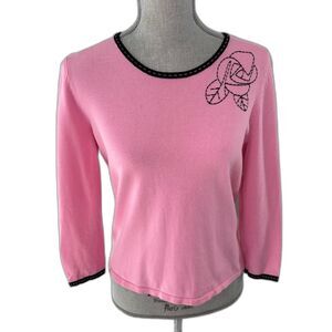 Vintage Y2k Requirements Pink Embroidered Rose Long Sleeve Sweater Top Small